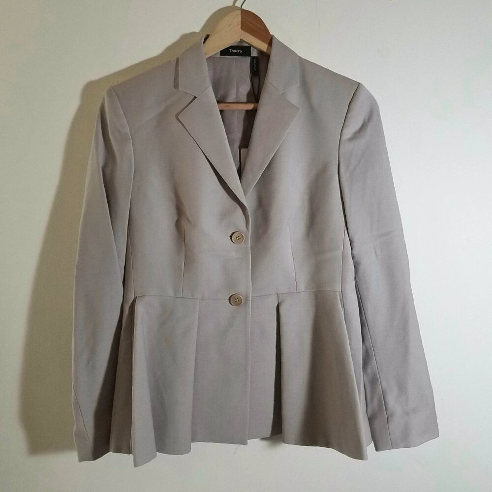 NWT Theory Braneve Continuous Wool Blend Peplum Blazer Jacket Beige Size 2 $525 - Picture 2 of 8